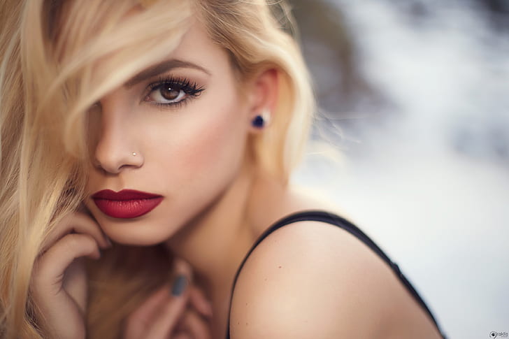 women, blonde, face, portrait, depth of field, red lipstick