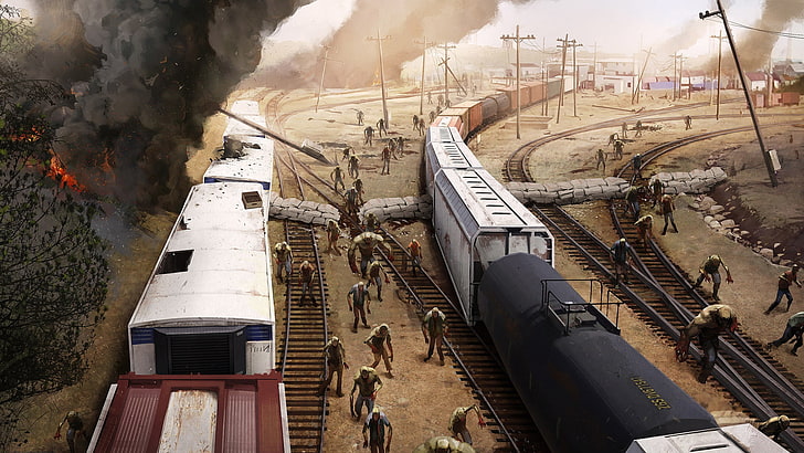 fire, smoke, cars, zombies, railroad, composition, region screen junction, HD wallpaper