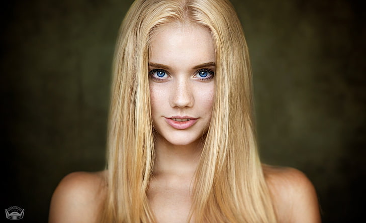 women, face, blonde, portrait, blue eyes, depth of field, bare shoulders, HD wallpaper