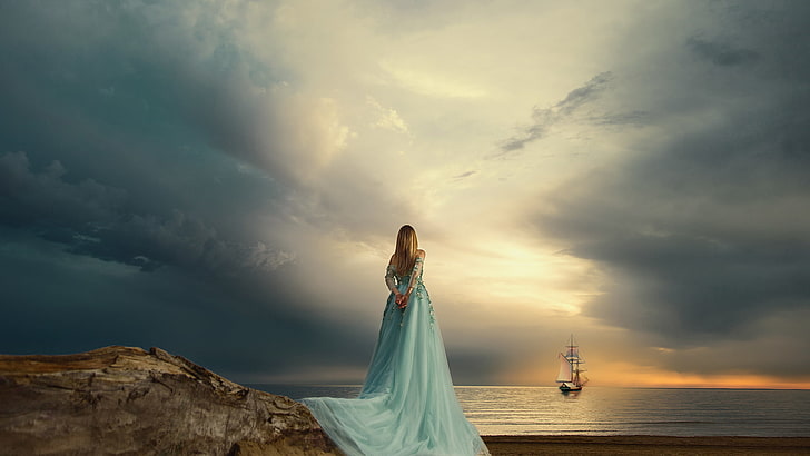 women, rocks, sea, sky, sunset, sailing ship, horizon, cloud - sky