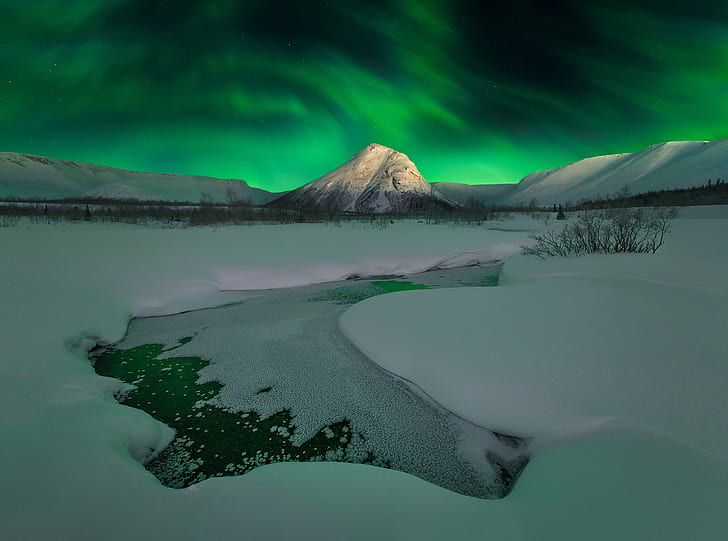 stars, snow, mountains, Aurora, Polar lights, The Kola Peninsula, HD wallpaper