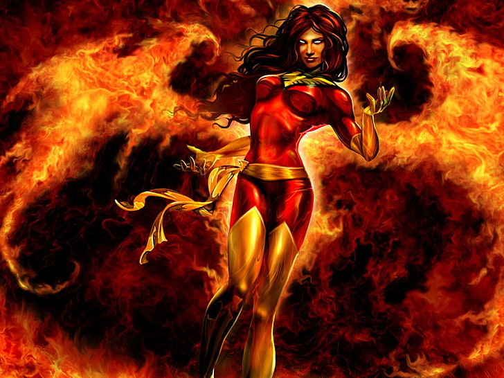 X-Men, Jean Grey, phoenix, superheroines, comics, burning, fire, HD wallpaper