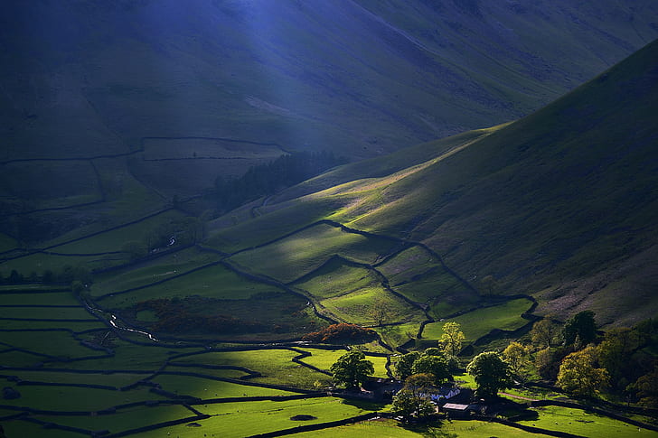 Sun Rays, Farm, Mountain, Landscape, Nature, HD wallpaper