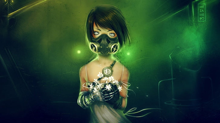woman with gas mask holding white petaled flowers, cyberpunk