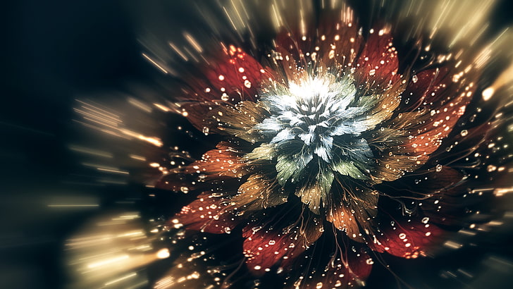red, blue, and brown petaled flower, CGI, digital art, flowers