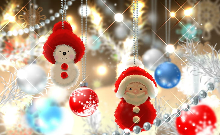 santa claus, snowman, balls, christmas decorations, yarn, HD wallpaper