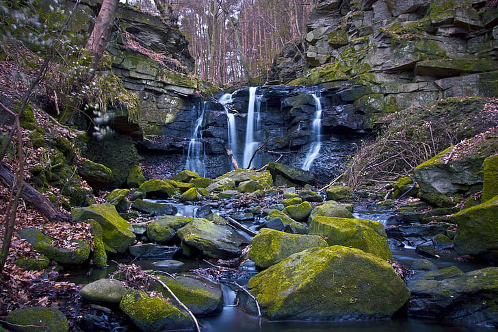 panoramic view of waterfalls with green moss rocks, Burn, river, HD wallpaper