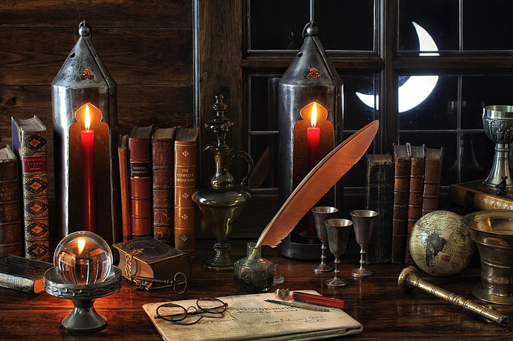 Photography, Still Life, Book, Candle, Crescent, Glasses, Globe