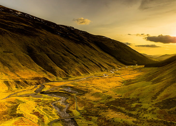 aerial photography of green grass filled valley, Light, Scotland, HD wallpaper