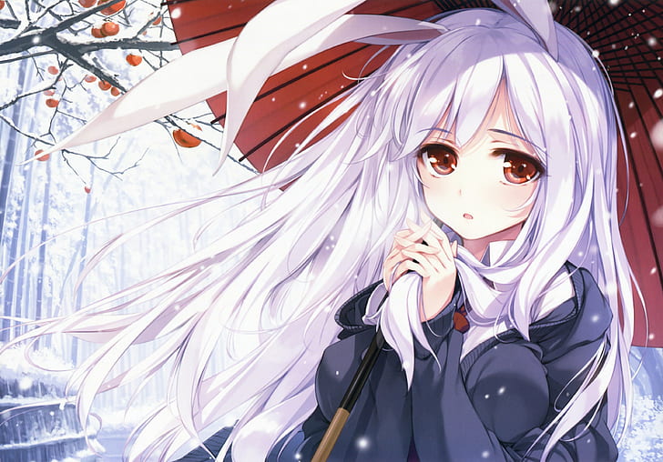 blushing, bunny ears, manga, red eyes, Japanese umbrella, ke-ta, HD wallpaper