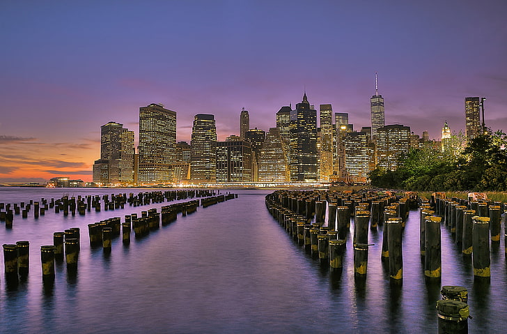 the sky, sunset, the city, lights, river, shore, building, New York