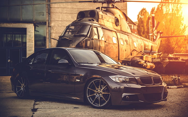 BMW, bmw serie 3, black, sunset, BMW E90, sunlight, vehicle, HD wallpaper