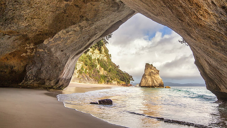 ocean, New Zealand, cathedral cove, beach, water, rock formation
