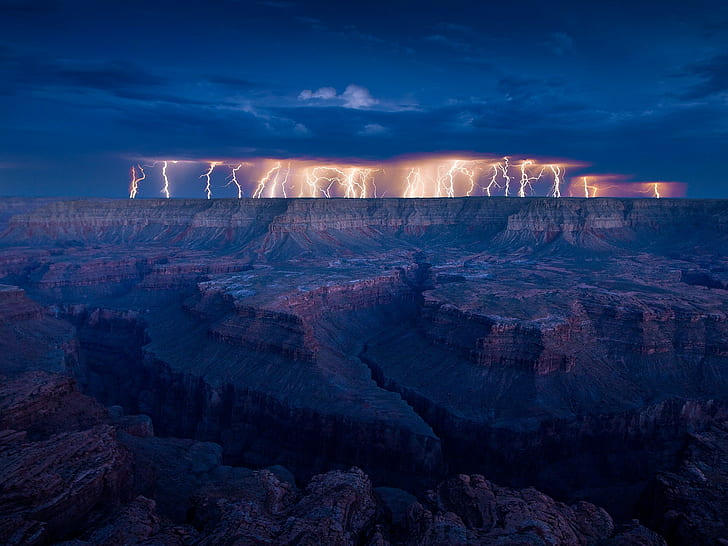 lightning, canyon, storm, nature, landscape, Grand Canyon, USA