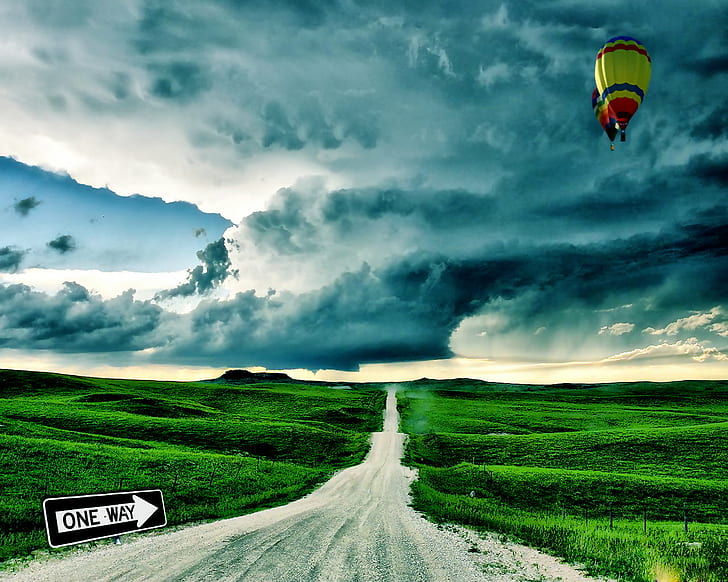 two black and yellow hot air balloons on mid air above green grass field under gray clouds during daytime, HD wallpaper