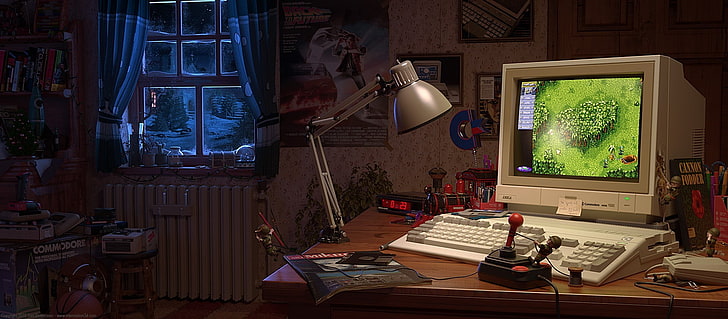 gray CRT computer monitor, Amiga, retro games, window, joystick