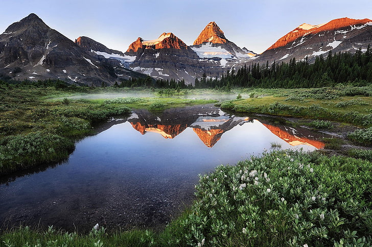 landscape photography of mountain, summer, morning, mist, lake, HD wallpaper