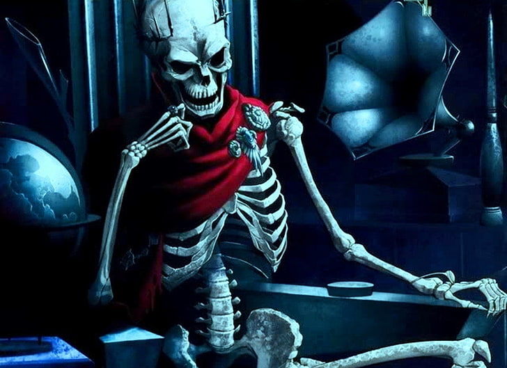 gray skeleton sitting on gray concrete chair illustration, Dark
