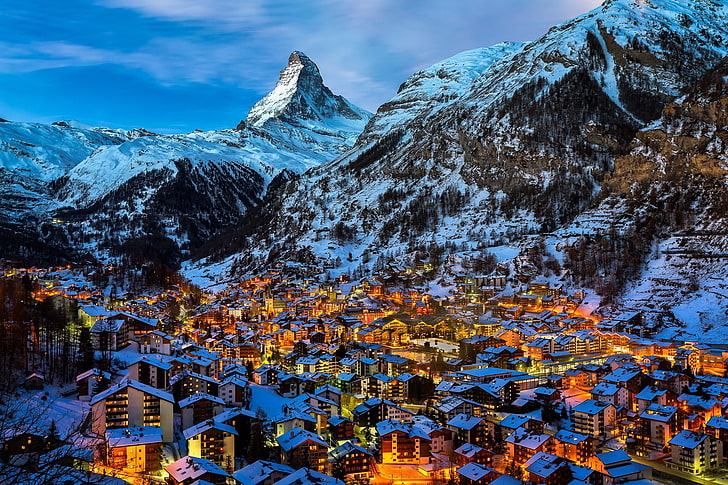 brown and blue concrete building, Zermatt, snow, Alps, Matterhorn, HD wallpaper
