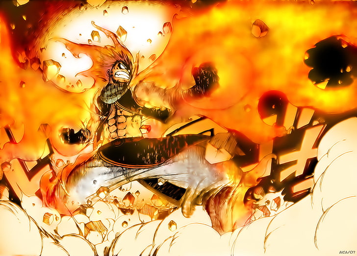 Fairy Tail Natsu wallpaper, Anime, Natsu Dragneel, flame, yellow