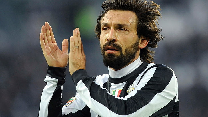 men's white and black soccer jersey, andrea pirlo, juventus, football, HD wallpaper