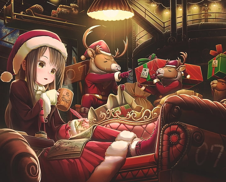 two red and black car seats, anime, Santa hats, Christmas, presents