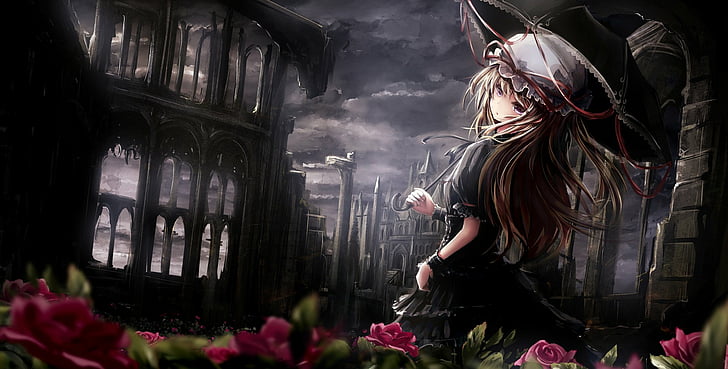 HD wallpaper: gothic anime girl, dark world, white hair, smiling,  architecture | Wallpaper Flare