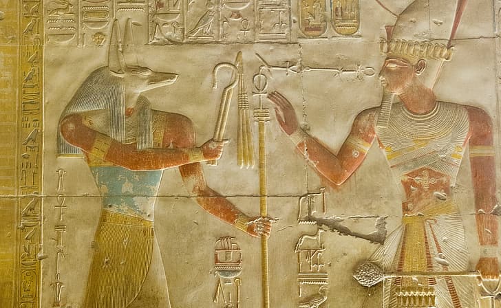 reliefs, Egyptian mythology, Anubis, Ankh, HD wallpaper