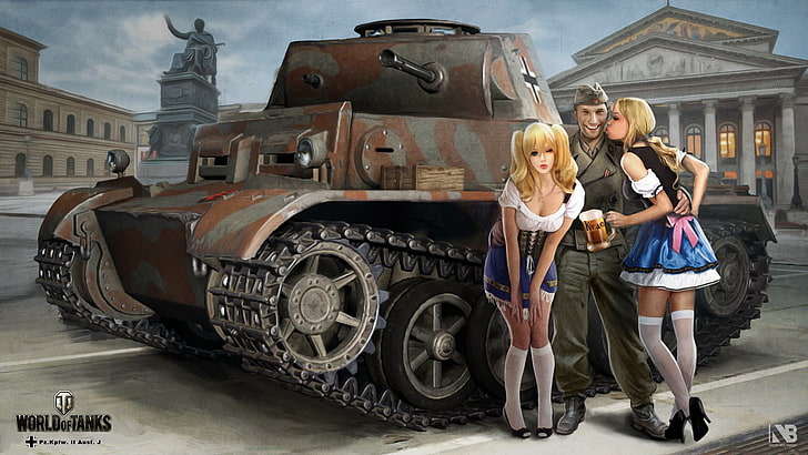 brown and gray battle tank, the city, girls, figure, easy, beer