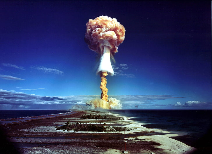 white clouds, nuclear, explosion, mushroom clouds, atolls, Bikini Atoll, HD wallpaper