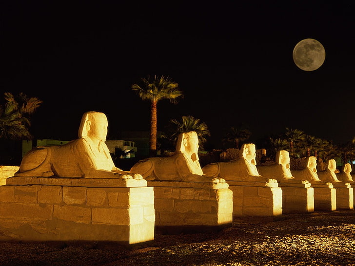 sphinx, monument, Karnak, Egypt, ancient, night, sky, sculpture, HD wallpaper