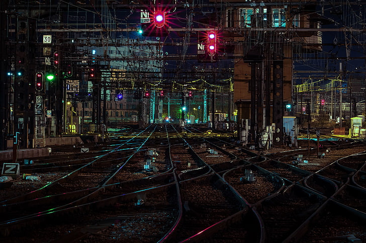 untitled, city, city lights, railway, rail yard, night, rail transportation, HD wallpaper