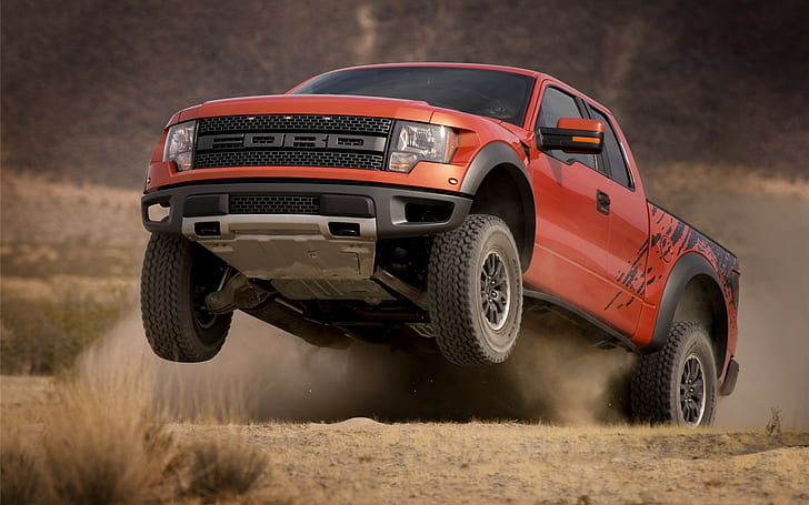 Ford Raptor Truck Jump Stop Action HD, red and black ford extended truck