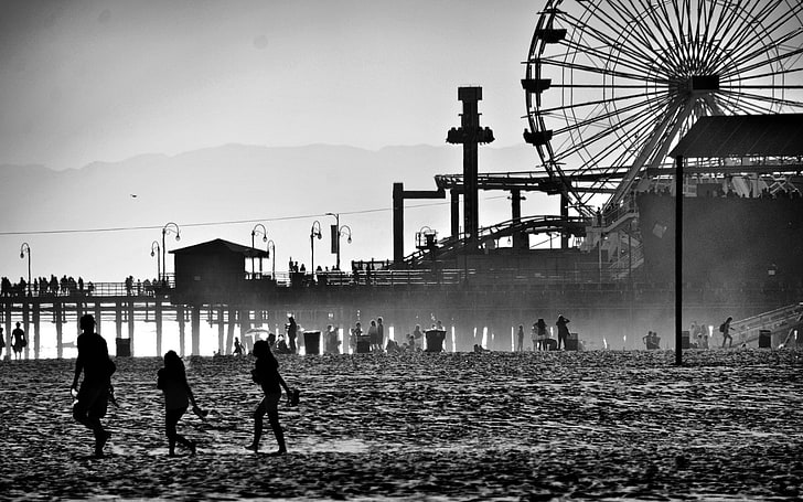 photography, beach, monochrome, pier, people, sand, built structure
