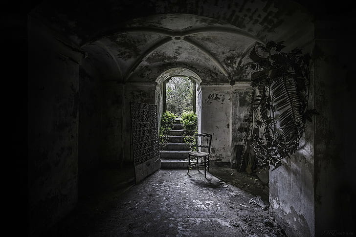 architecture, old building, abandoned, chair, Crypt (Location), HD wallpaper