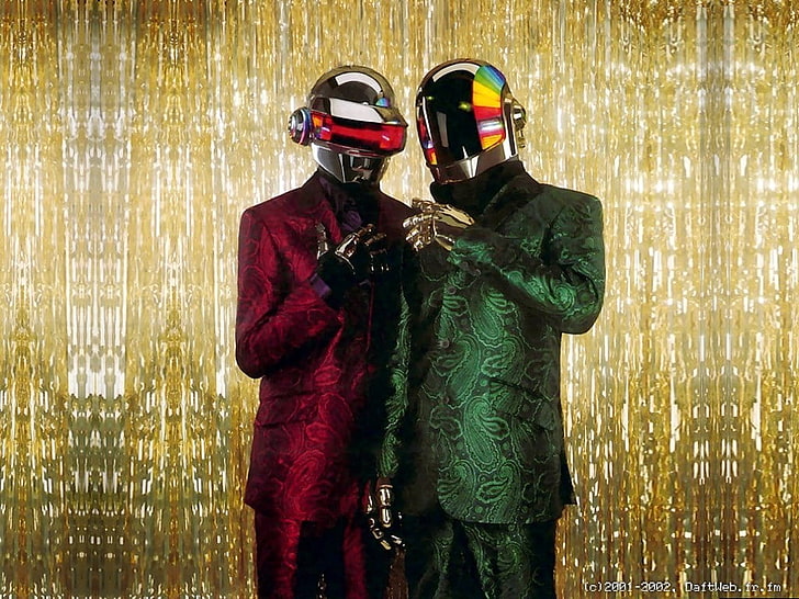 two men in suit jackets with helmets, Daft Punk, music, clothing
