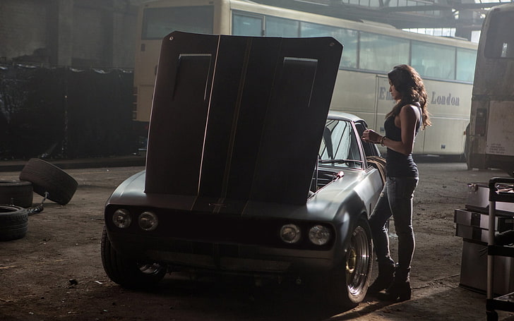 gray coupe, machine, background, the film, actress, Michelle Rodriguez