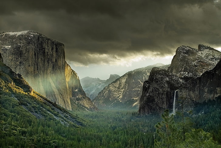 mountains and trees, valley, landscape, cliff, Yosemite National Park, HD wallpaper