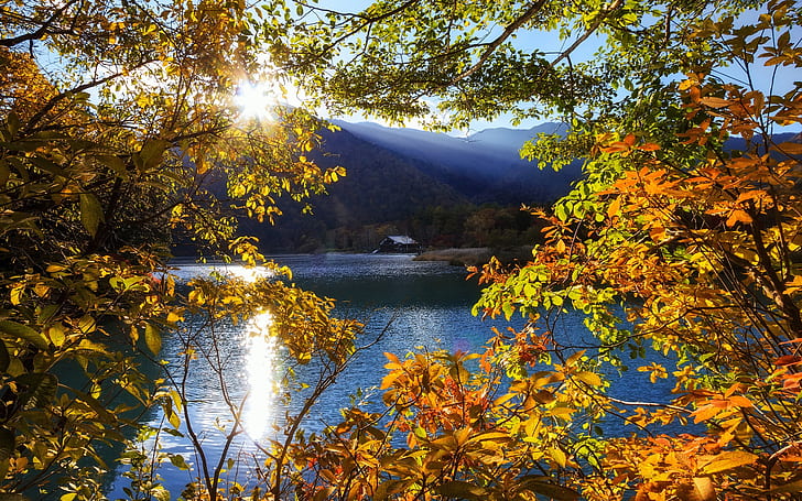 Japan, Nikko, Tochigi, mountain, lake, trees, sun rays, autumn
