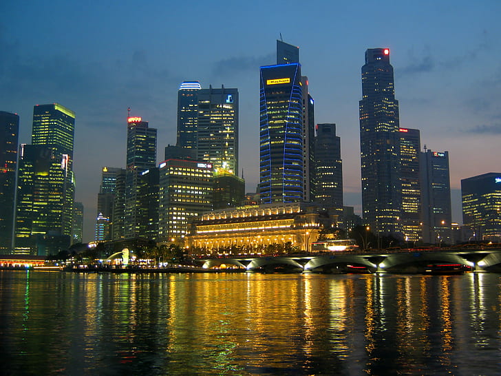 lighted cityscape near body of water, singapore, singapore, Skyline