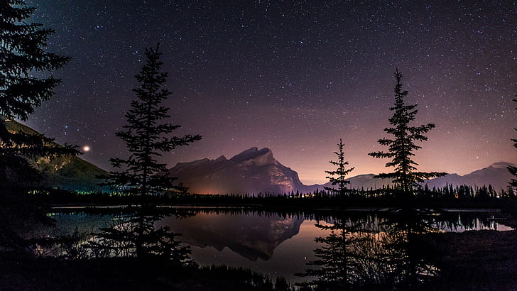 Rundle, night, lake, space, reflection, sky, Canada, stars