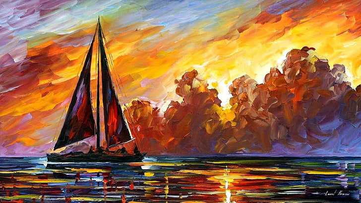 artwork, painting, sailboats, sea, Leonid Afremov, water, sunset