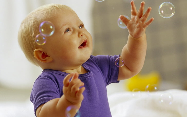 baby's purple onesie, bubbles, play, cute, knowledge, child, soap Sud, HD wallpaper