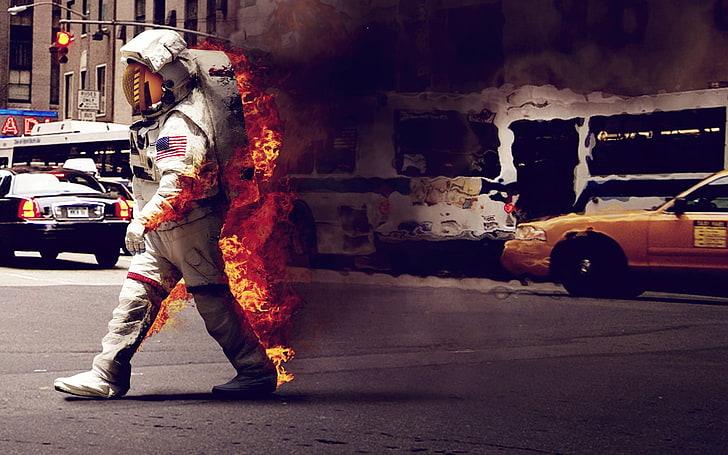 white astronaut suit, fire, humor, spacesuit, dark, USA, smoke