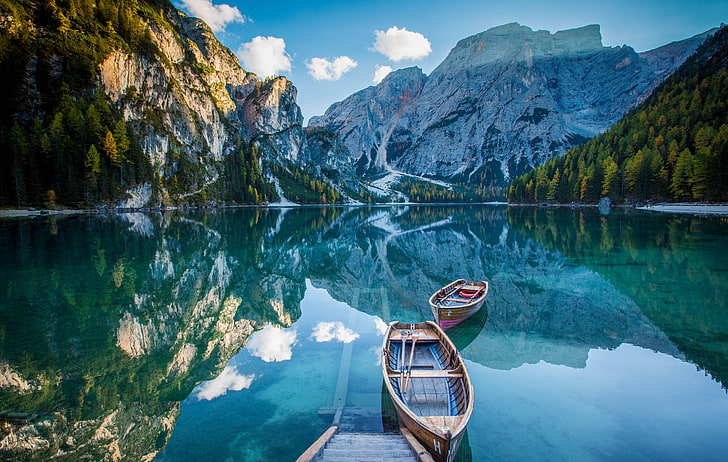 two brown wooden canoes, mountains, lake, reflection, boats, mirror