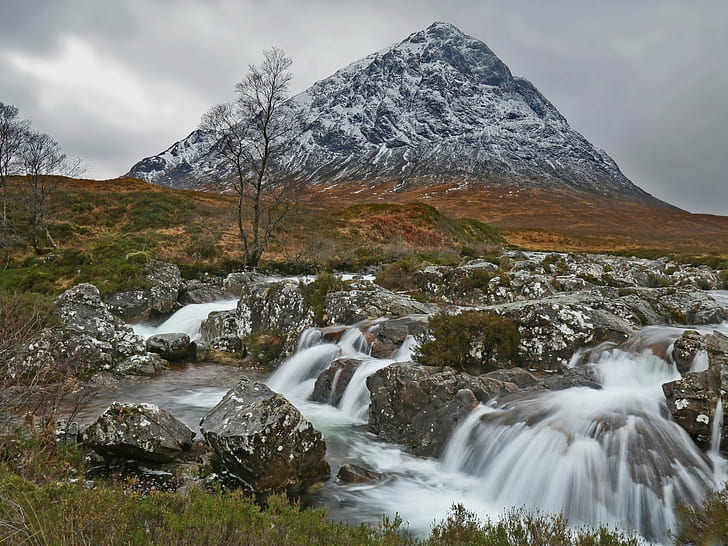 time lapse photography of waterfalls near mountain peak, scotland, scotland
