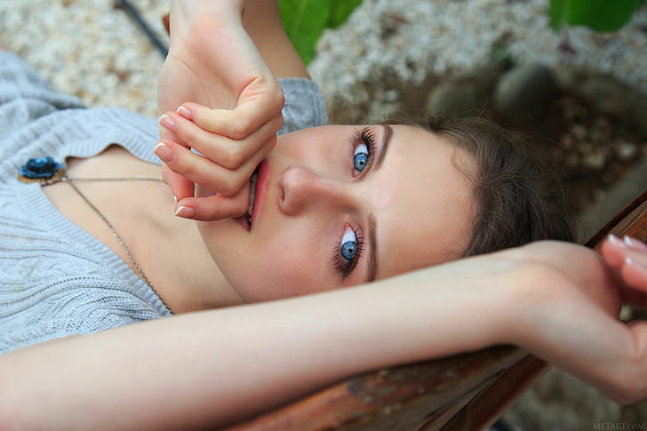 Clarice A, blue eyes, face, women, lying down, top view, looking at viewer