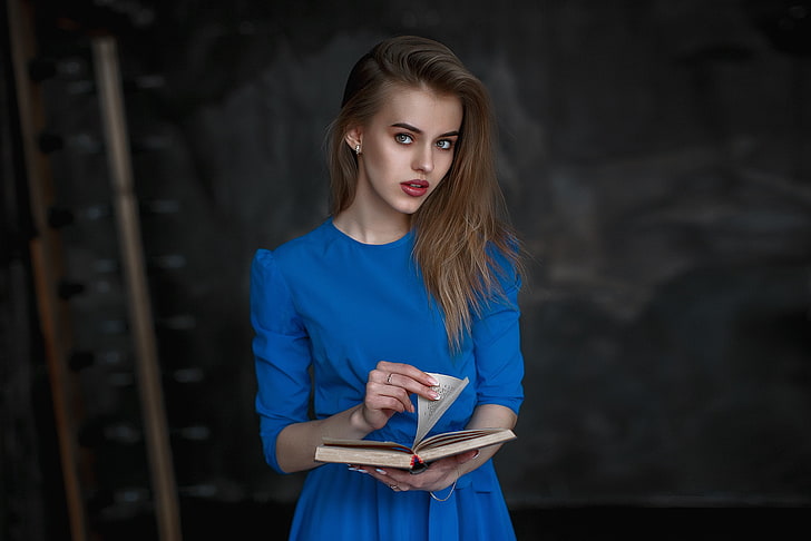women, blonde, portrait, blue dress, books, red lipstick, young adult