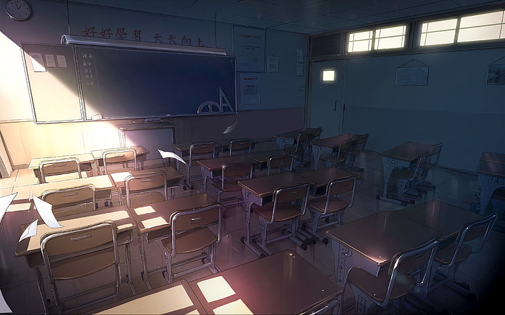 anime classroom, sunlight, chairs, indoors, seat, no people