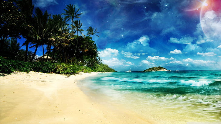 Beach Ocean Tropical Trees Island HD, nature, HD wallpaper